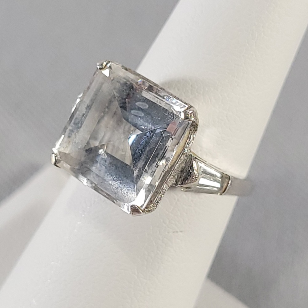 Sterling Silver White‎ Topaz Ring Womens Size 5.5 Clear 12mm Square Cut Baguette